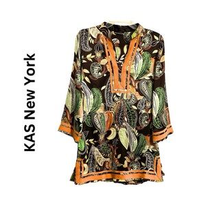 KAS NEW YORK Brown Orange Print Kaftan Blouse Dolman Sleeve Tunic Top Sz. Small